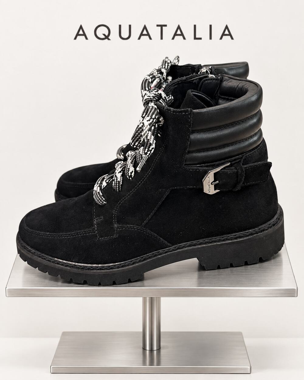 Aquatalia Mayra Black Suede Lace-Up Buckle Ankle Boots Size 8.5